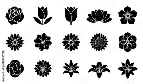 Black flower vector icon set with minimalist floral silhouette shapes