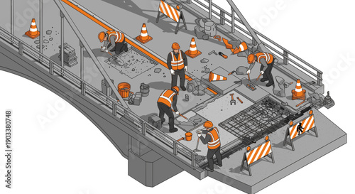 Illustrated scene of construction workers repairing a bridge surface, using tools, with safety cones and caution signs around the work zone.