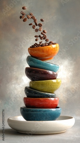 Coffee beans cascading into a vibrant stack of colorful ceramic bowls.