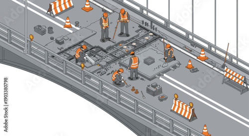 Isometric illustration of construction workers repairing a bridge road surface, using safety equipment. Useful for infographics, presentations, and construction-themed content.