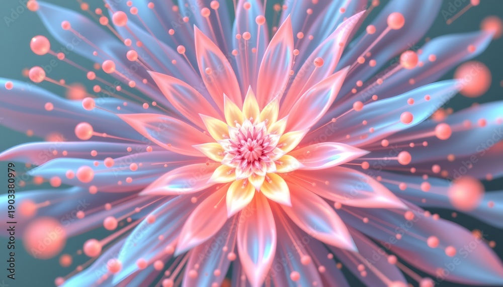 Obraz premium A close up view of a vibrant flower with numerous delicate petals radiating from a central point, each petal adorned with tiny droplets