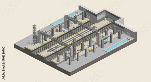 Isometric illustration depicting a subway station interior cutaway, showcasing platforms, tracks, and support structures. Ideal for architectural visualizations, urban planning, and game design.