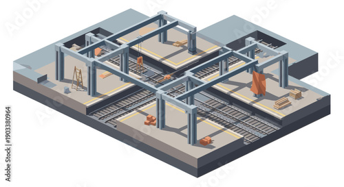 Vector isometric illustration of a subway station under construction. Use for concept art, infographics, game design, or architectural visualizations. Modern, clean design.