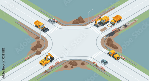 Isometric Road Construction Scene with Heavy Equipment and Car