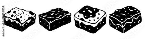 Set of four delicious chocolate brownies with white icing on dark background flat lay