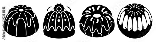 Four decorative bundt cakes with chocolate glaze and white drizzle on black background minimalist dessert display