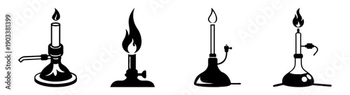 Bunsen burner flame stages laboratory science experiment vector illustration isolated black white