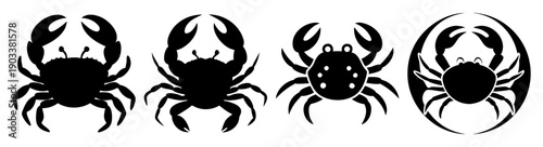 Set of four black and white crab illustrations isolated on transparent background vector art