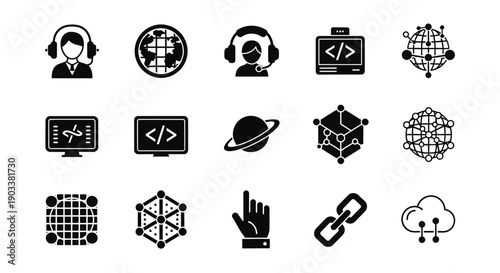 Black icons of technology and coding.