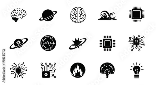 Black icons of technology and science.