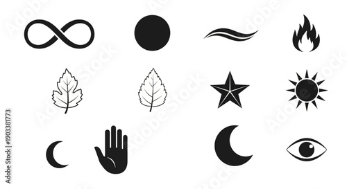 Black icons of various symbolic shapes.
