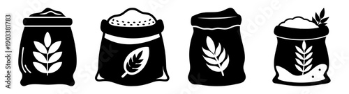 Set of four black and white flour sacks with wheat icons isolated on white background