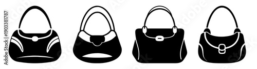 Set of four stylish black handbags isolated on white background vector illustration