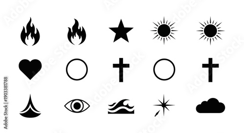 Black icons of various symbols.