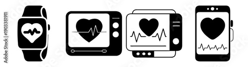 Smartwatch heart rate monitor display with ECG line and love symbol on multiple devices