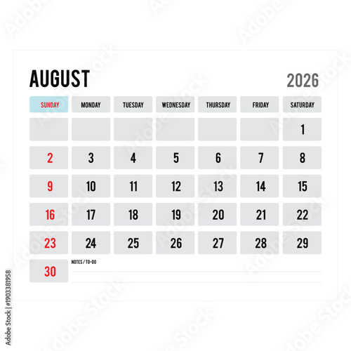August 2026 Monthly Calendar Minimal Planning Template