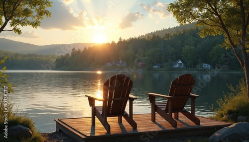 Two empty wooden chairs on a dock face calm lake at sunset. Forested hills and distant homes form scenic backdrop. Peaceful waterside retreat setting.