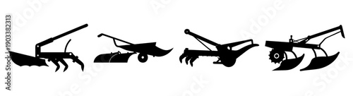 Black vintage farming plows set isolated on white background agricultural equipment collection