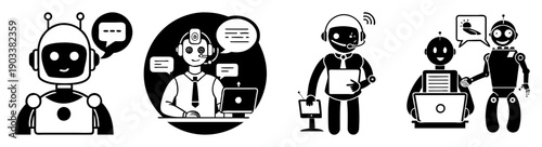 Futuristic robot assistants communicating with humans in modern office and space environment