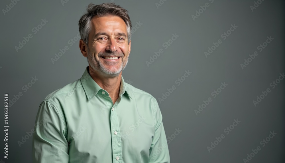 Fototapeta premium Smiling middle-aged man in light green shirt stands on gray backdrop. Mature male has friendly expression, short beard, and graying hair. He looks approachable, trustworthy, and confident.