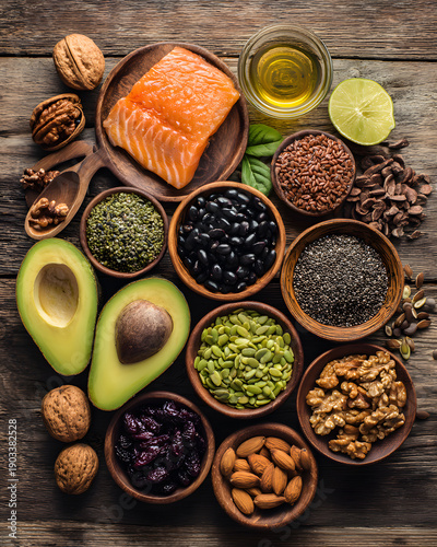 Healthy food ingredients kitchen setup rustic aerial view nutrition concept