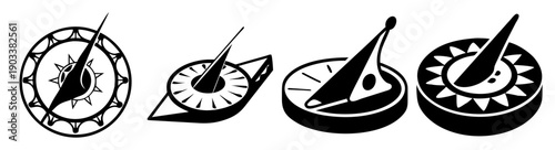 Set of four black and white sundials showing time with shadow minimalist vector illustration