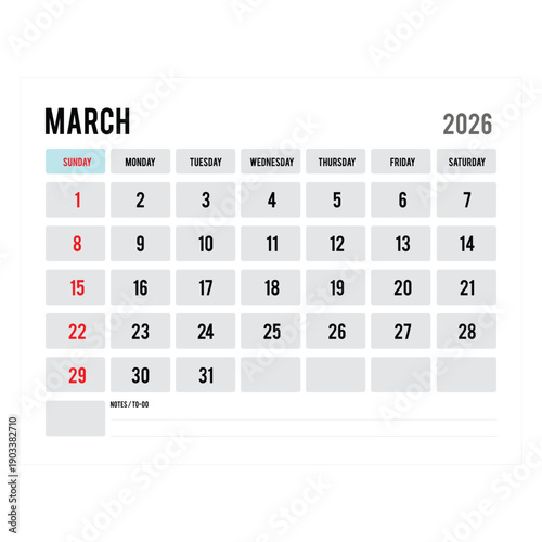 March 2026 Monthly Calendar Minimal Planner Illustration