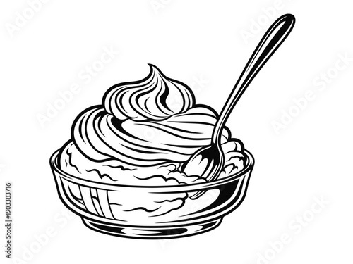 Creamy dessert in a glass bowl with spoon, sweet treat illustration, perfect for food blogs, recipes, and culinary themes, black and white vector.