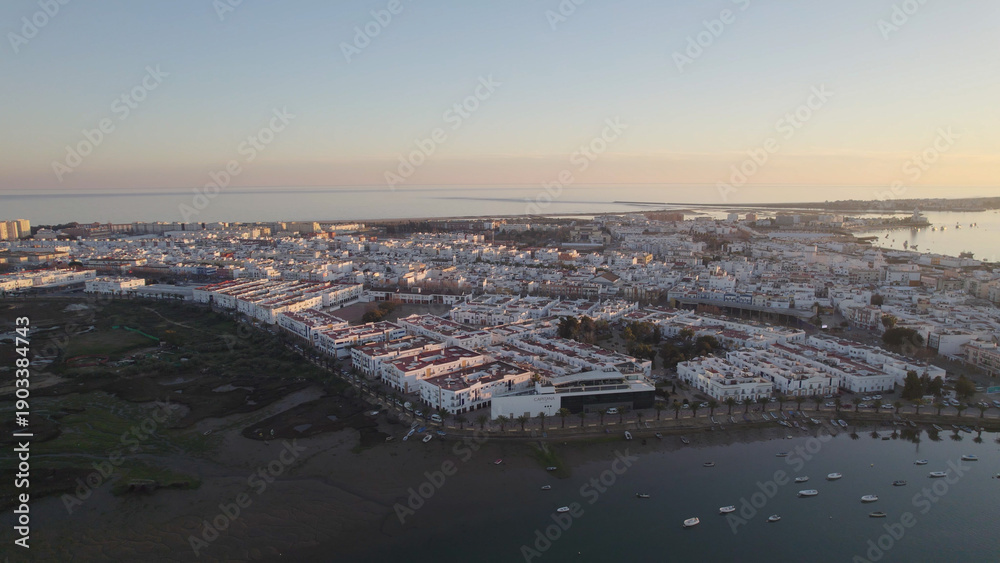 Obraz premium Aerial Drone Sunset View of Isla Cristina, Huelva, Spain