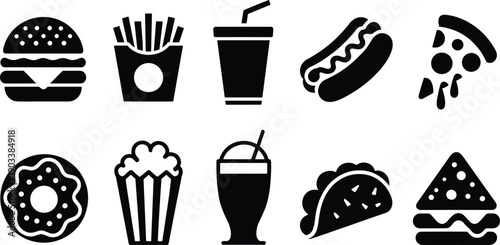 Fast food cartoon icons, editable vector clipart, burger silhouette, fries container, pizza slice, hot dog, taco, donut, sandwich, stylized