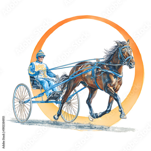  Trotting horse and driver competing in harness sport, pulling a sulky with a dynamic orange arc