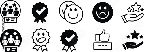 Feedback cartoon icons, editable vector clipart, recognition silhouettes, rating stars, award ribbon, smiley face, thumbs up, approval, stylized design