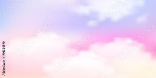 Dreamy pastel gradient with watercolor clouds, soft violet and pink tones blending into blue, creating serene spring atmosphere perfect for banners, posters, and illustrations. Vector illustration.