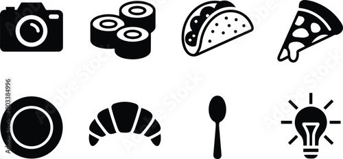 Food and creative icons with camera, sushi, taco, pizza, plate, croissant, spoon, and light bulb designs, culinary and idea symbols for digital design