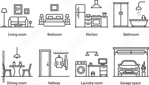 House rooms cartoon icons, editable vector clipart, living bedroom kitchen bathroom dining hallway laundry garage, home silhouette, stylized illustration