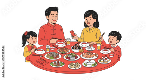 A happy family enjoys a traditional Chinese New Year feast together around a round table.
