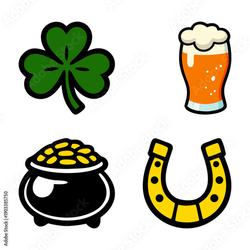 St. Patrick’s Day Lucky Symbols Vector Set, Irish Shamrock Clover, Beer Pint Glass, Pot of Gold Coins, Golden Horseshoe, Festive Holiday Icon Collection