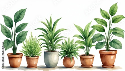 Collection of potted green houseplants and ferns on white background. Various leaves and terracotta pots shown in watercolor style. Natural home decor illustration.