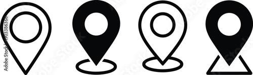Location pin icons in outline, solid black, and varied base styles, navigation and map symbols for digital interface, GPS, and geographic positioning design