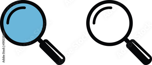 Magnifying glass icons with blue and transparent lens, search symbol illustration for digital interface, user experience design, active and inactive search function concept