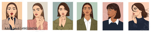A flat vector illustration set featuring stylish, elegant women with fashionable outfits and makeup, confidently posed in a modern, minimalist fashion aesthetic.