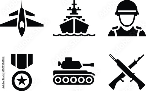 Military icons featuring jet aircraft, naval ship, soldier, medal, tank, and crossed rifles, defense and armed forces illustration for warfare, security, and strategy design