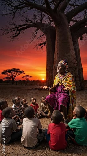 An elderly African man in traditional clothing telling stories to a group of young children under a large baobab tree at sunset in the savanna.