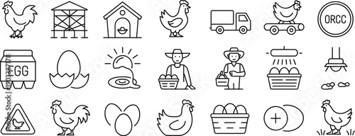 Poultry farming and egg production icons with chickens, coops, eggs, farmers, transport, baskets, and feeding equipment, agriculture graphics for food industry and farming design