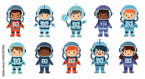 Flat vector illustration set of child astronauts in colorful space suits, shown playing and exploring space in a child-friendly cartoon style.