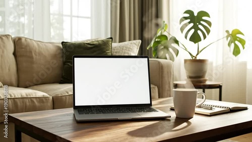 Wallpaper Mural Cozy living room interior with a laptop, coffee, and a monstera plant providing a relaxing atmosphere Torontodigital.ca