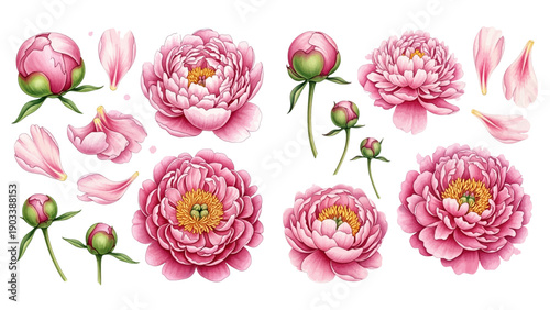 A beautiful set of pink peony flowers, buds, and petals illustrated in a realistic watercolor style.