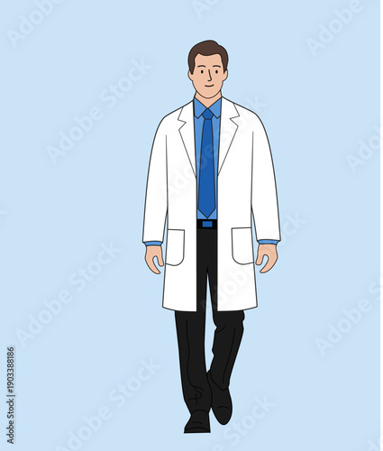 A handsome and confident professional physician wearing a medical uniform and stethoscope stands smiling in a clinic, stock vector illustrations 