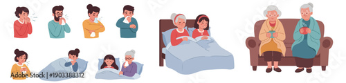 Flat vector illustration set of people of different ages suffering from colds and flu in a calm, modern cartoon style.