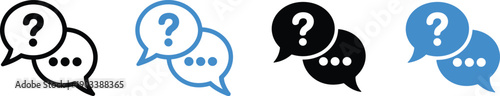 Speech bubble icons with question mark and dialogue dots in outline, solid black, and blue styles, communication symbols for inquiry, support, and messaging design